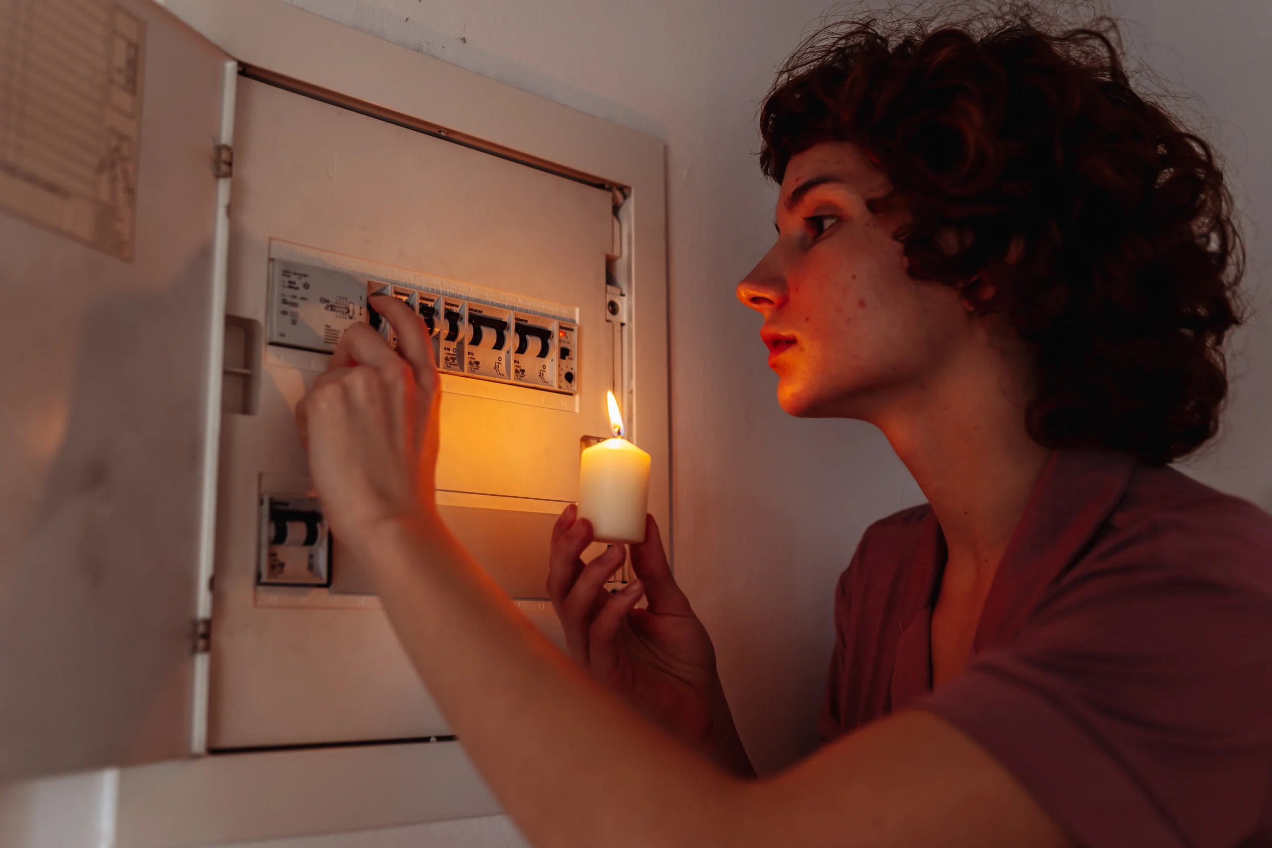 femme devant compteur electrique avec bougie cherchant panne