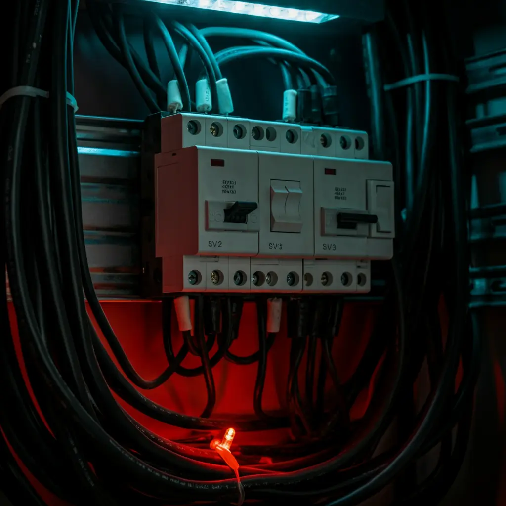 Image montrant un panneau électrique bien organisé avec des câbles, des interrupteurs et des outils professionnels, représentant un service d'électricité de qualité.