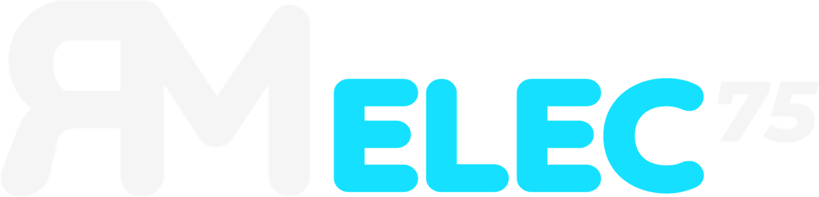 Logo moderne avec les lettres blanches stylisées « RM », suivi de « ELEC » en bleu clair et « 75 » en blanc.