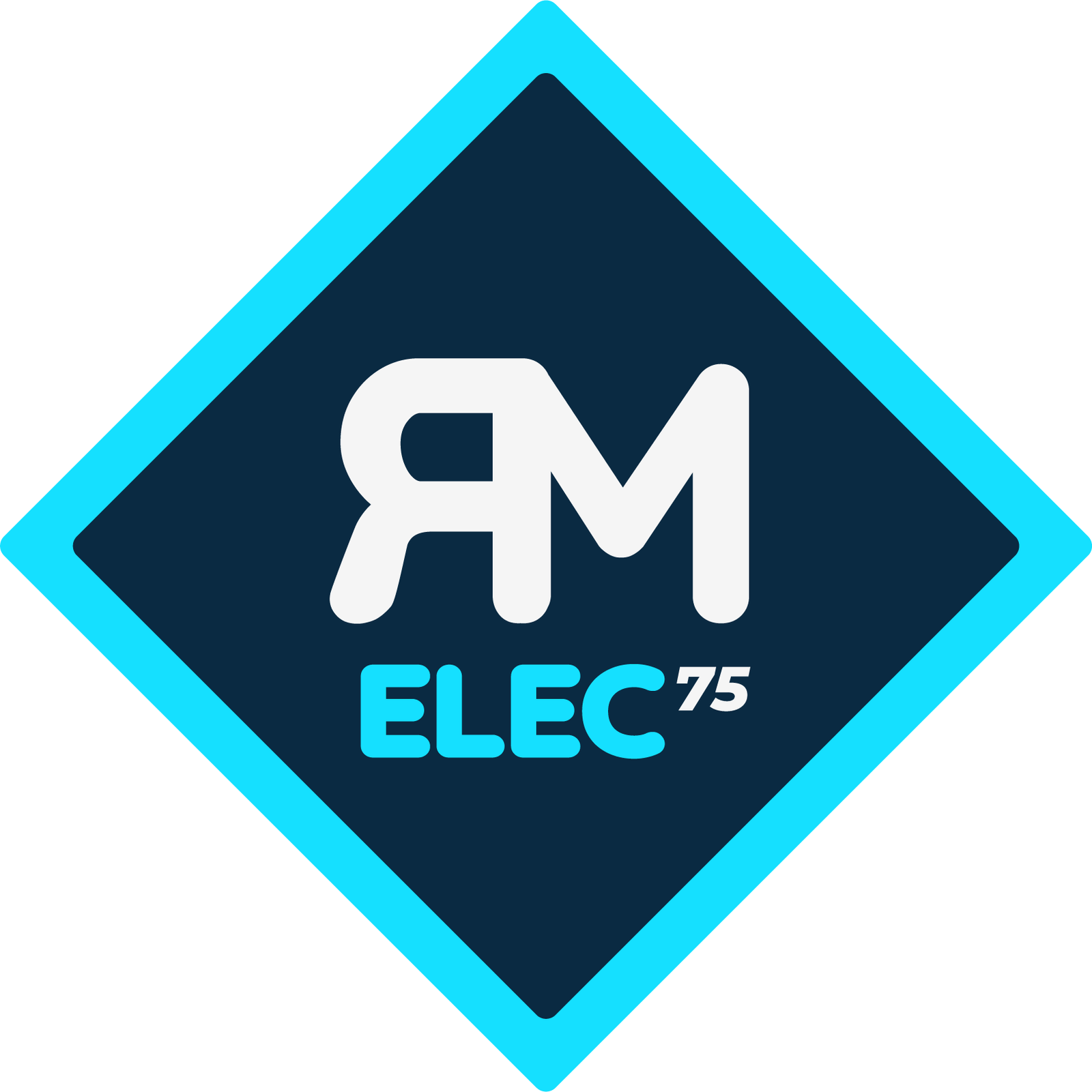 Logo en forme de losange bleu foncé avec les lettres blanches « RM », « ELEC » en bleu clair et « 75 » en blanc.